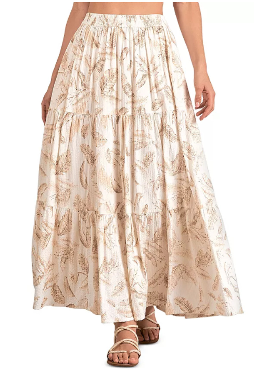 ELAN INTERNATIONAL WOMENS XLARGE TIERED PRINTED MAXI SKIRT CREAM BEIGE NEW
